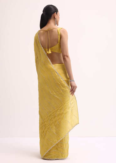 Mustard Yellow Embroidered Crepe Saree With Unstitched Blouse