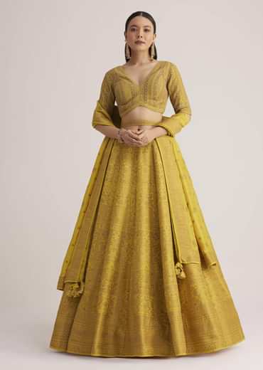 Mustard Yellow Embroidered Lehenga Set With Matching Dupatta