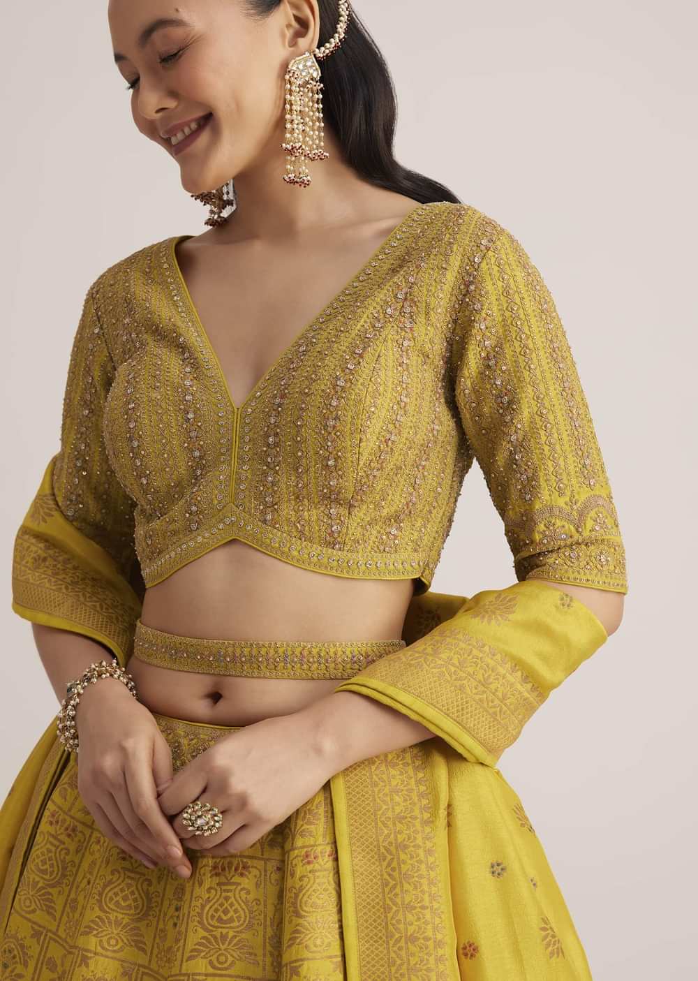 Mustard Yellow Embroidered Lehenga Set With Matching Dupatta