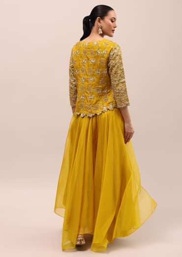 Mustard Yellow Embroidered Silk Crop Top And Palazzo Set