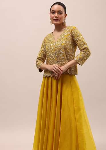 Mustard Yellow Embroidered Silk Crop Top And Palazzo Set