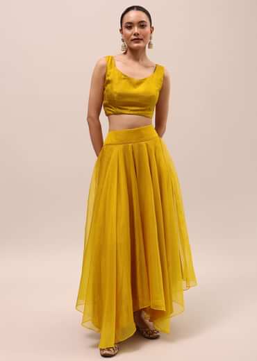 Mustard Yellow Embroidered Silk Crop Top And Palazzo Set
