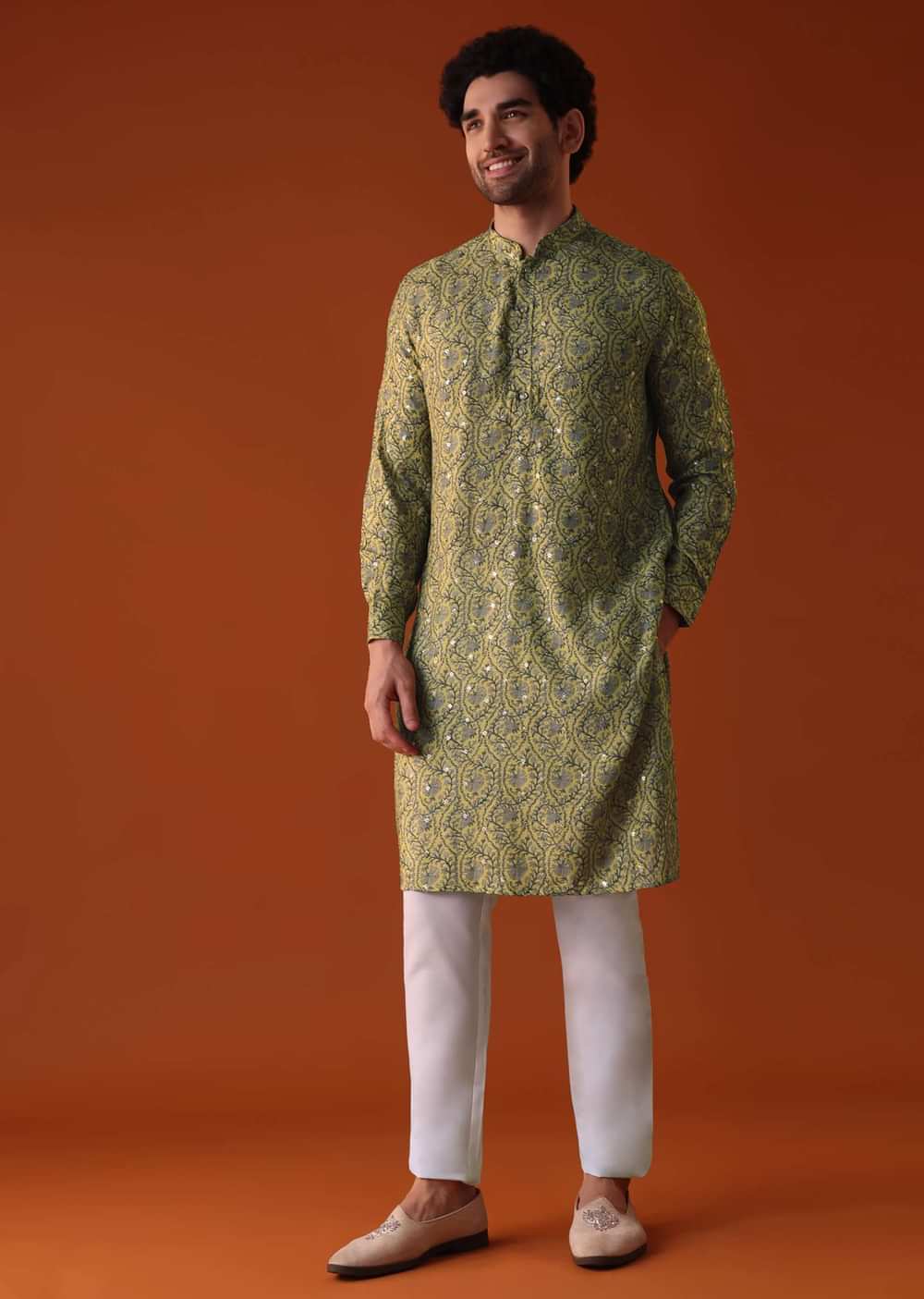 Mustard Yellow Embroidered Silk Kurta With Print All Over