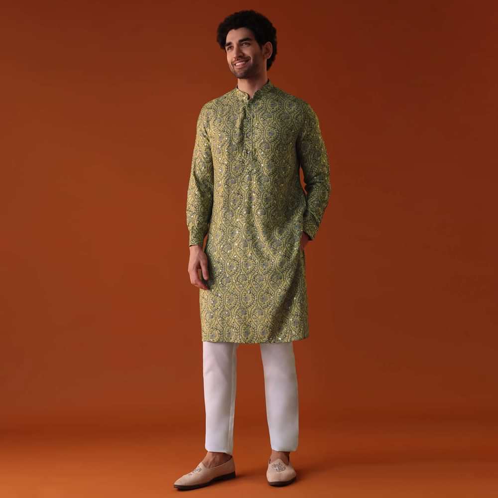 Mustard Yellow Embroidered Silk Kurta With Print All Over