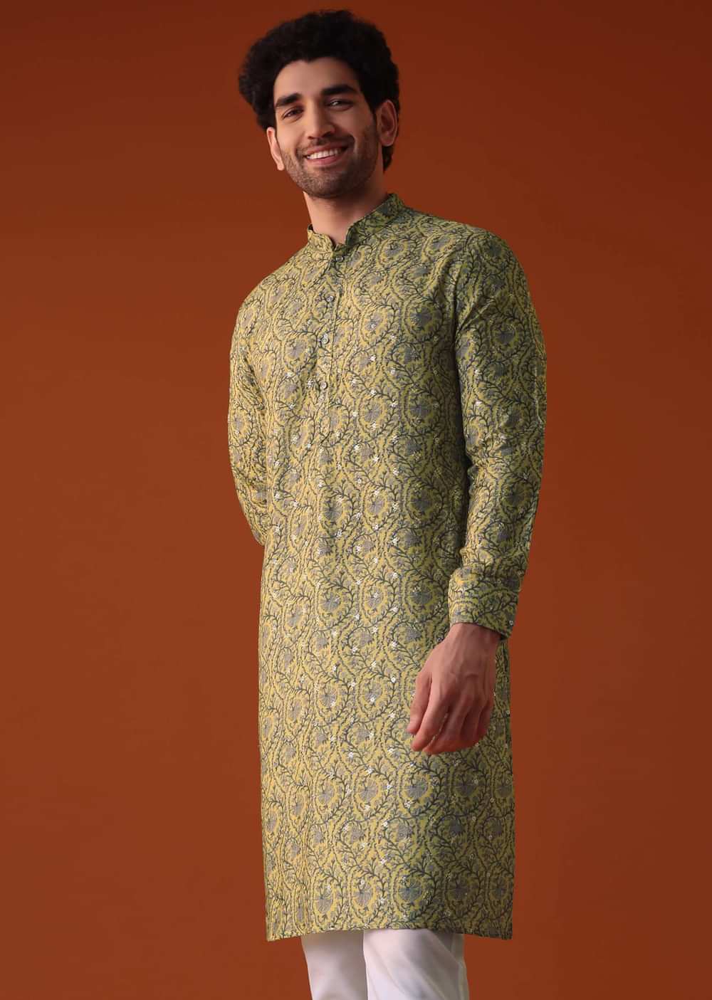 Mustard Yellow Embroidered Silk Kurta With Print All Over