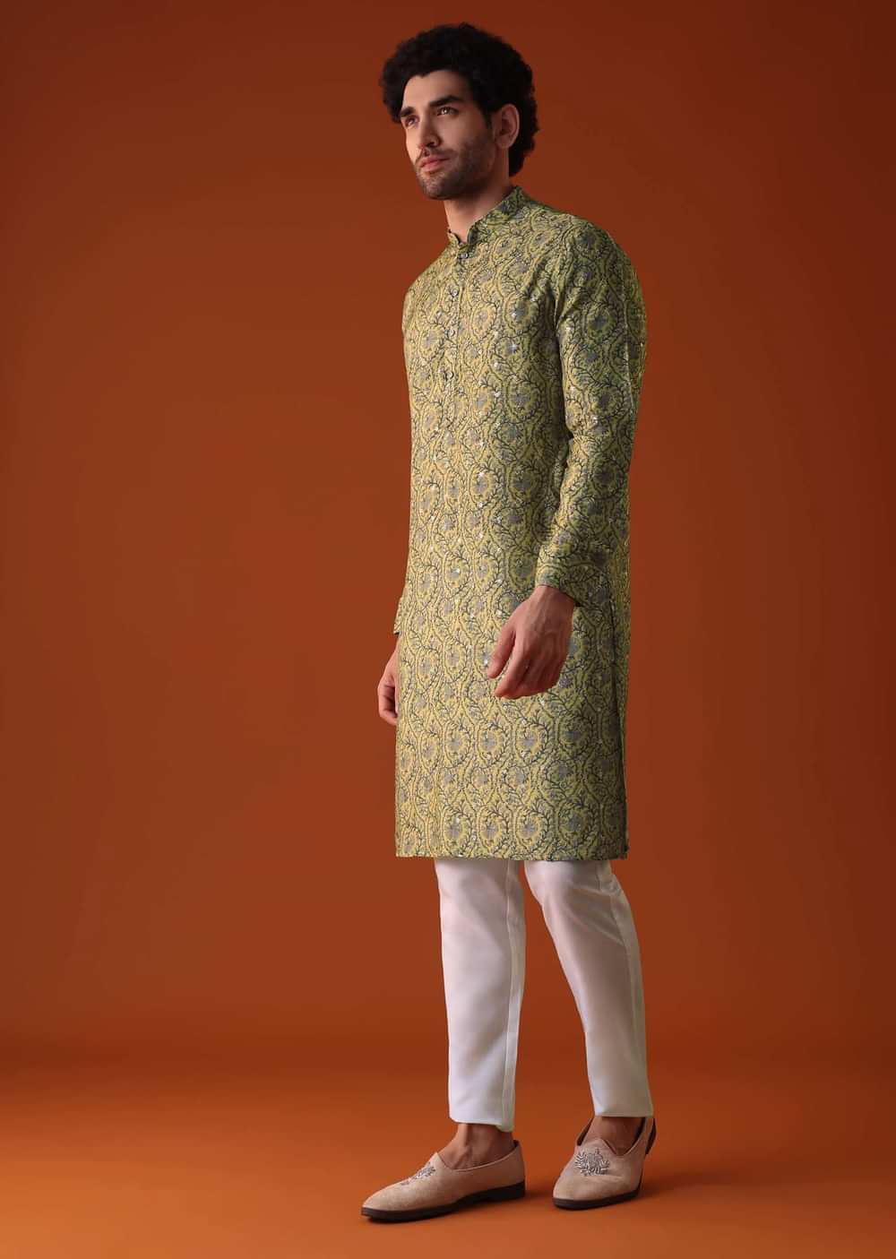 Mustard Yellow Embroidered Silk Kurta With Print All Over