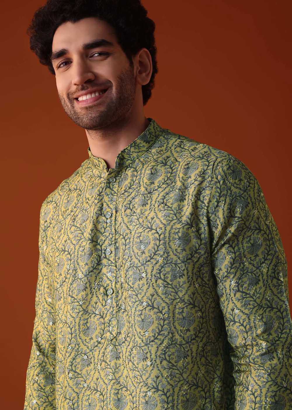 Mustard Yellow Embroidered Silk Kurta With Print All Over