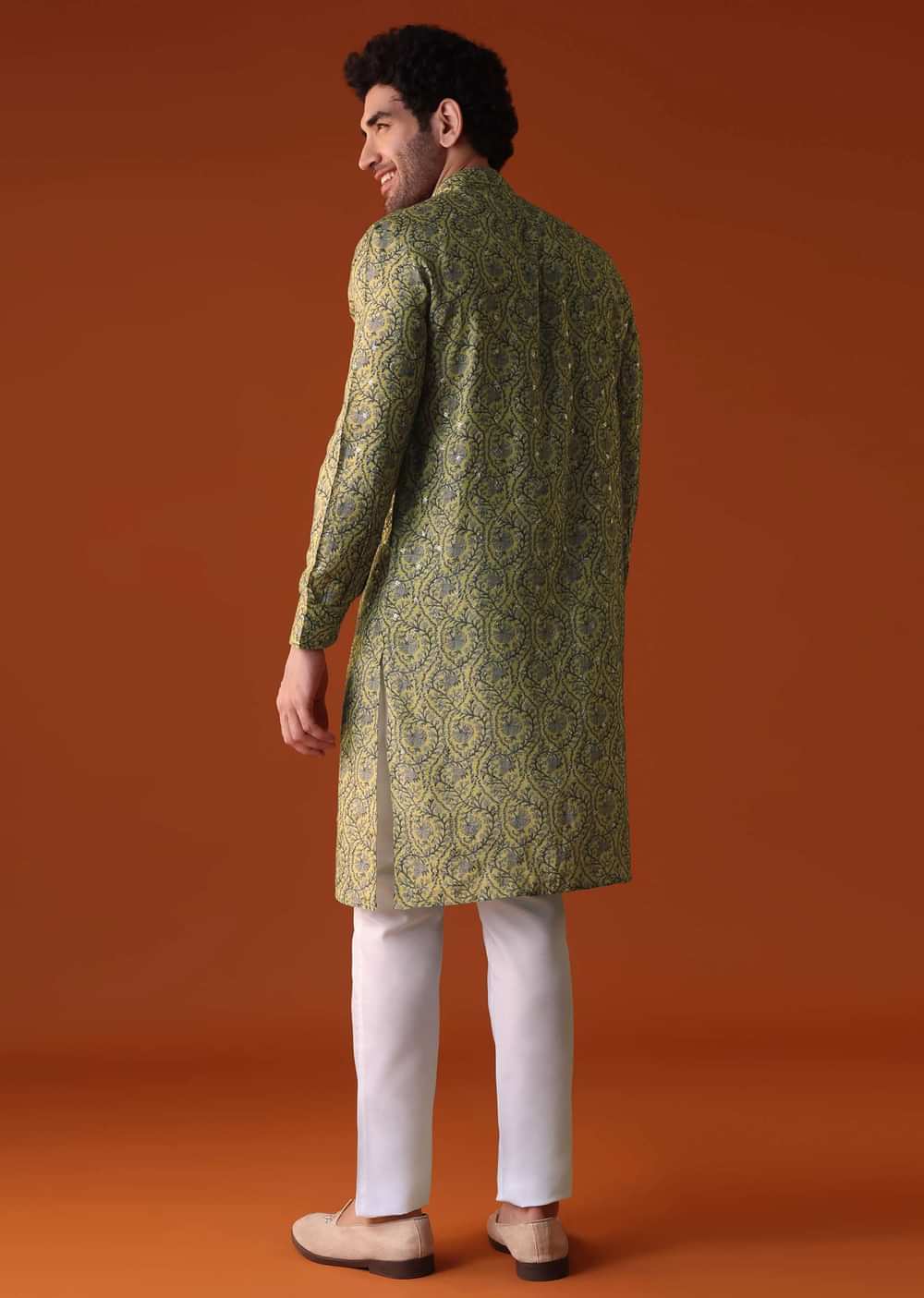 Mustard Yellow Embroidered Silk Kurta With Print All Over