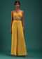 Mustard Yellow Floral Printed Crop Top And Palazzo Set With Cape In Georgette