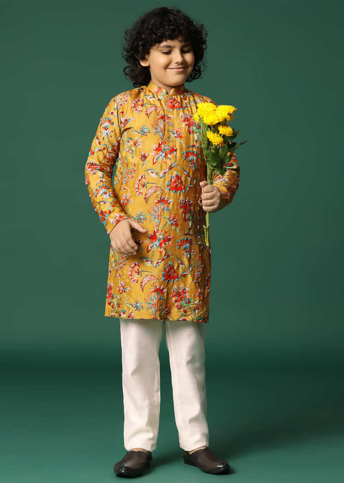 Mustard Yellow Floral Kurta Pant With Resham Work For Boys