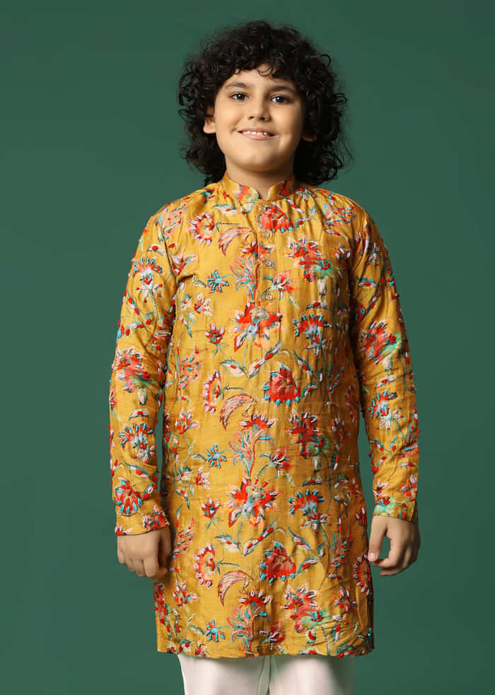 Mustard Yellow Floral Kurta Pant With Resham Work For Boys