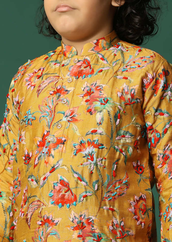 Mustard Yellow Floral Kurta Pant With Resham Work For Boys