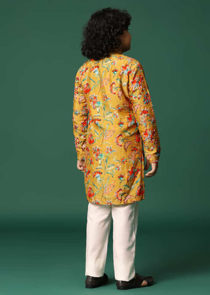 Mustard Yellow Floral Kurta Pant With Resham Work For Boys