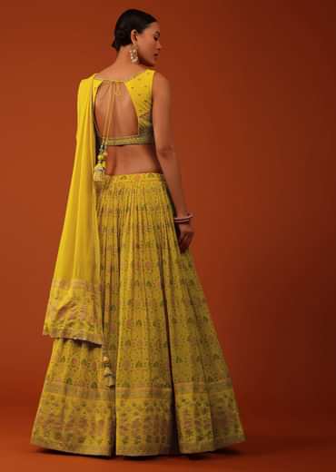 Mustard Yellow Floral Printed Georgette Lehenga And Silk Blouse Set