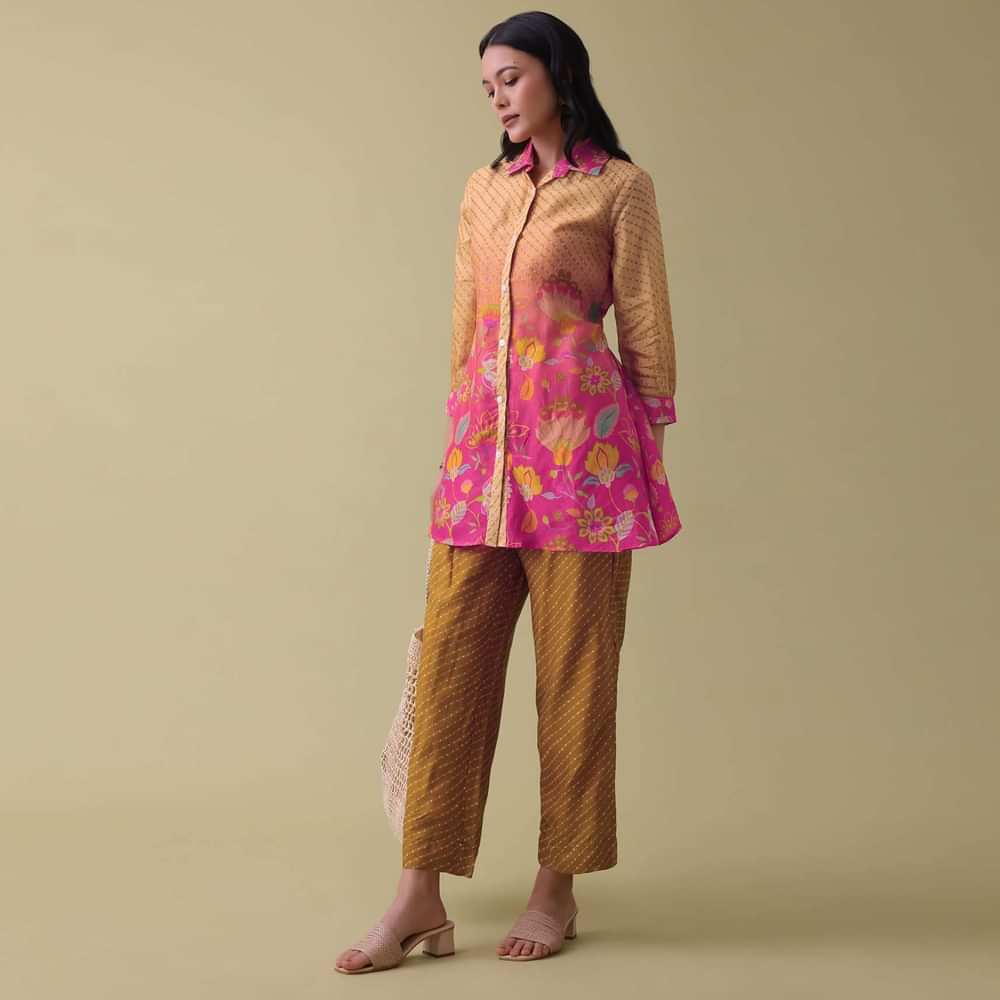 Mustard Yellow Floral Printed Co-ord set In Tussar