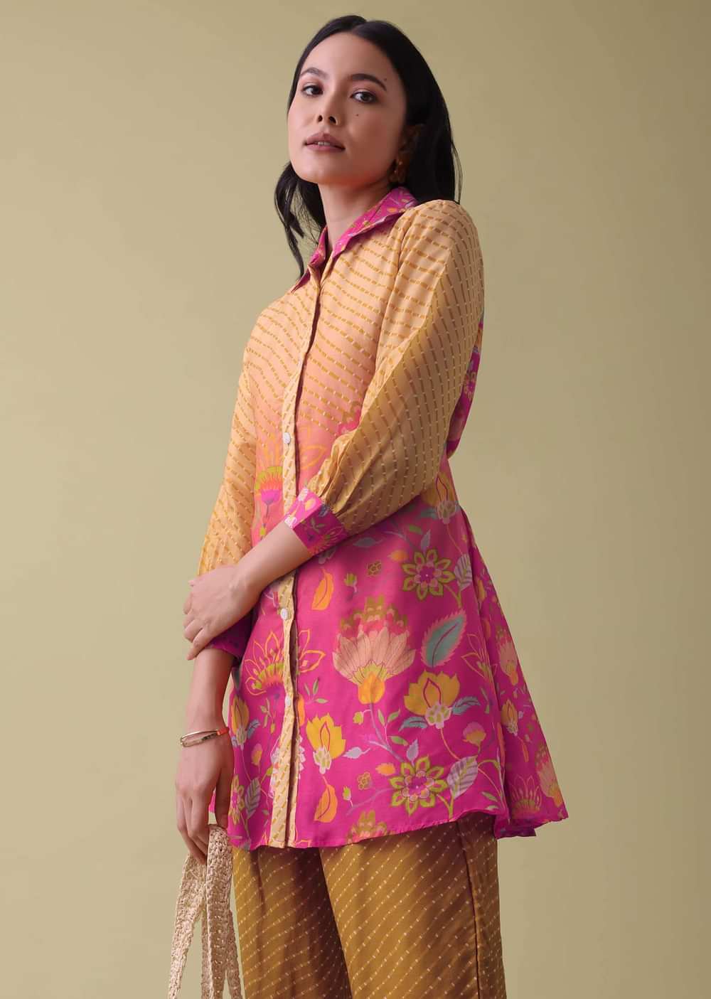 Mustard Yellow Floral Printed Co-ord set In Tussar