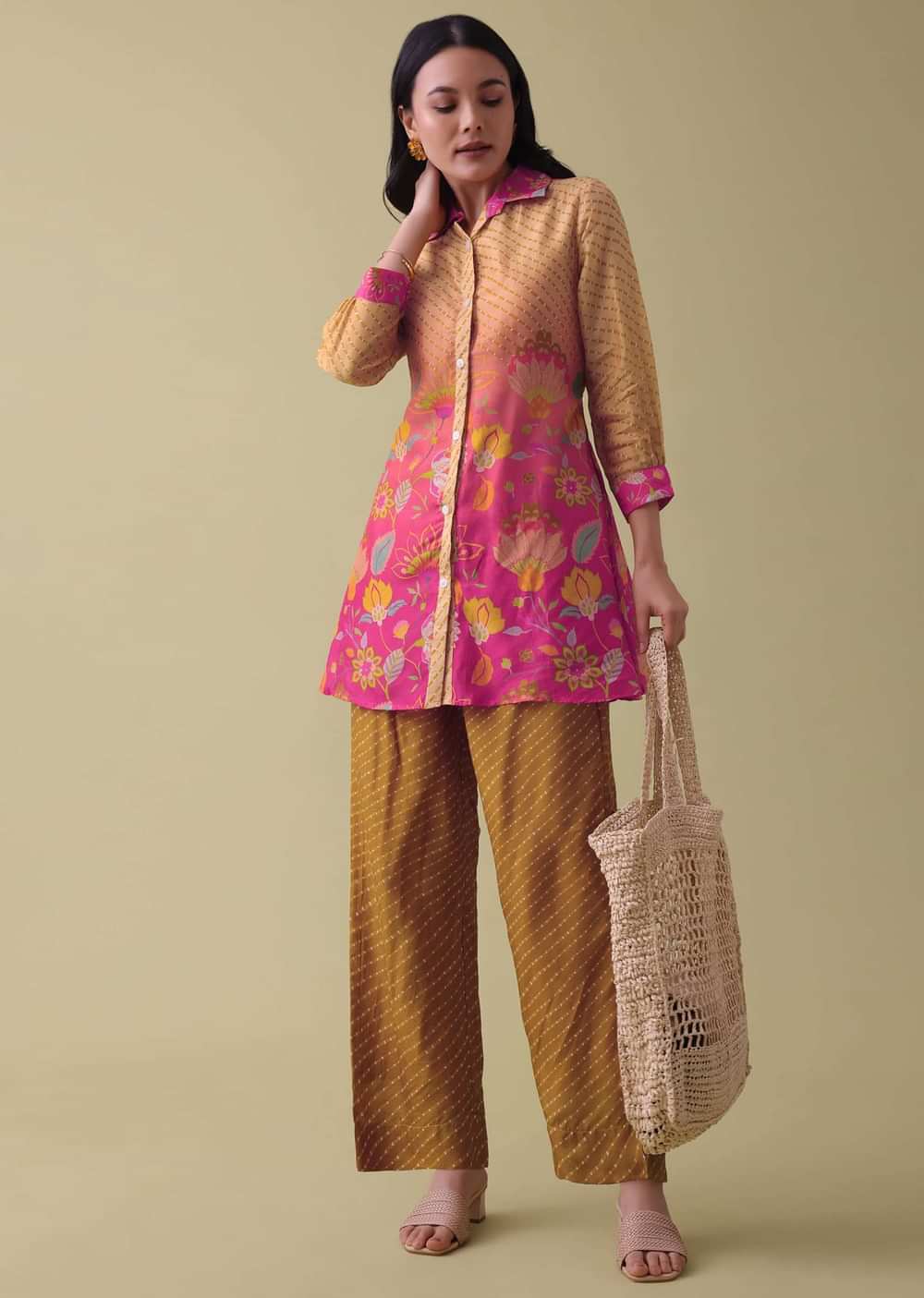 Mustard Yellow Floral Printed Co-ord set In Tussar