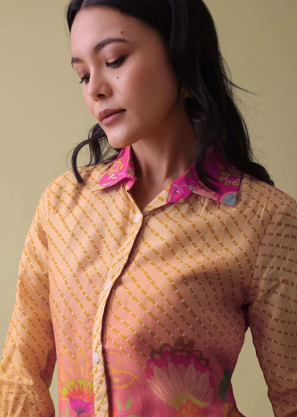Mustard Yellow Floral Printed Co-ord set In Tussar