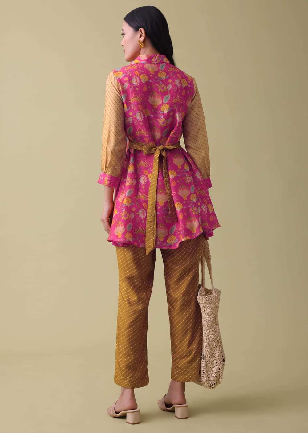 Mustard Yellow Floral Printed Co-ord set In Tussar