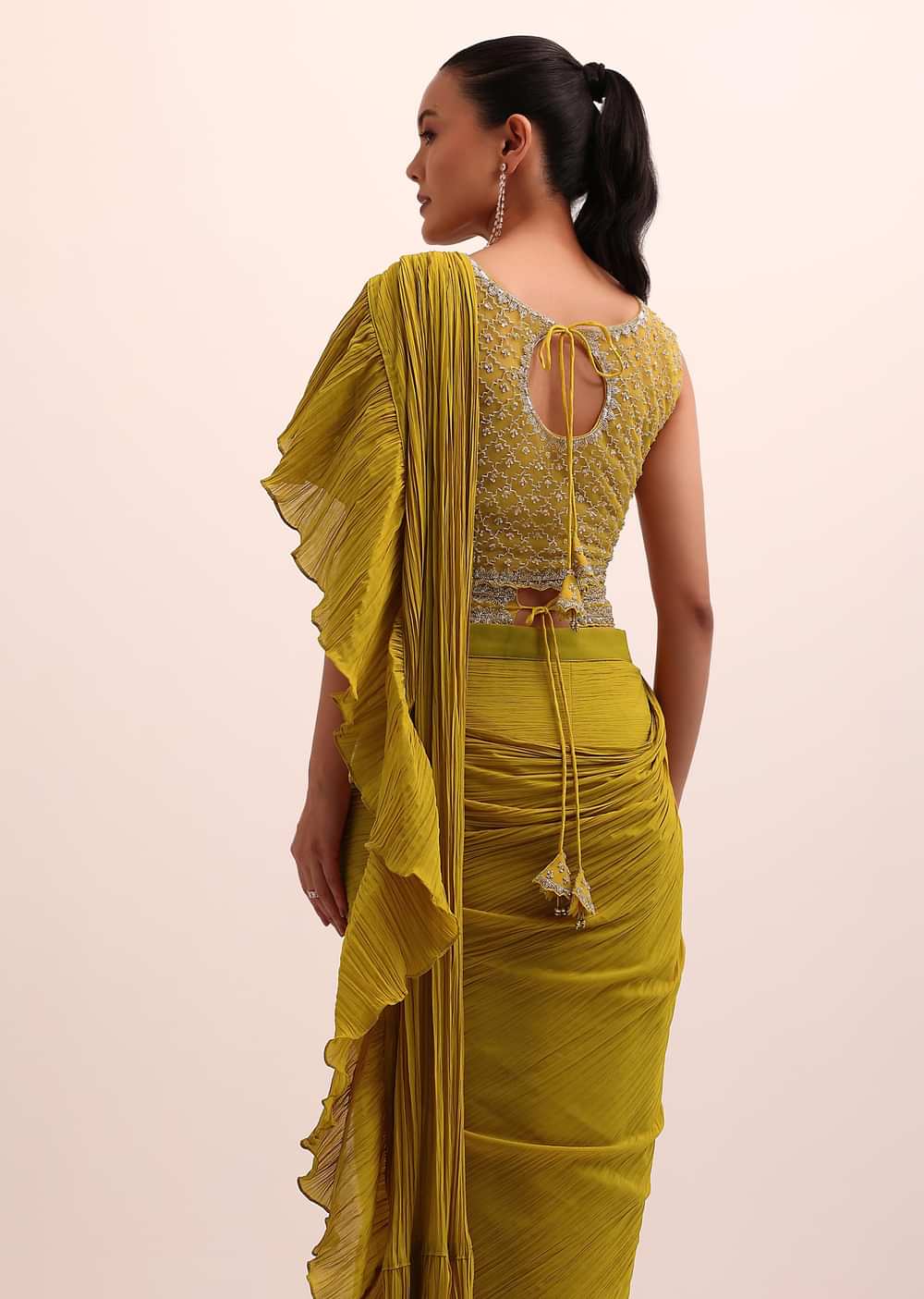 Mustard Yellow Georgette Frill Saree With Embellished Blouse