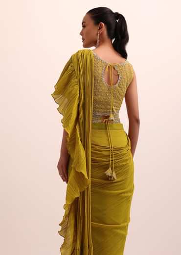 Mustard Yellow Georgette Frill Saree With Embellished Blouse
