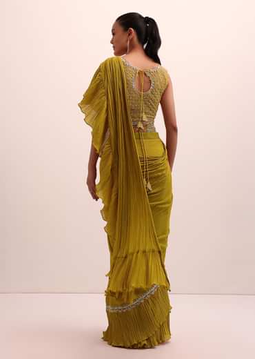 Mustard Yellow Georgette Frill Saree With Embellished Blouse