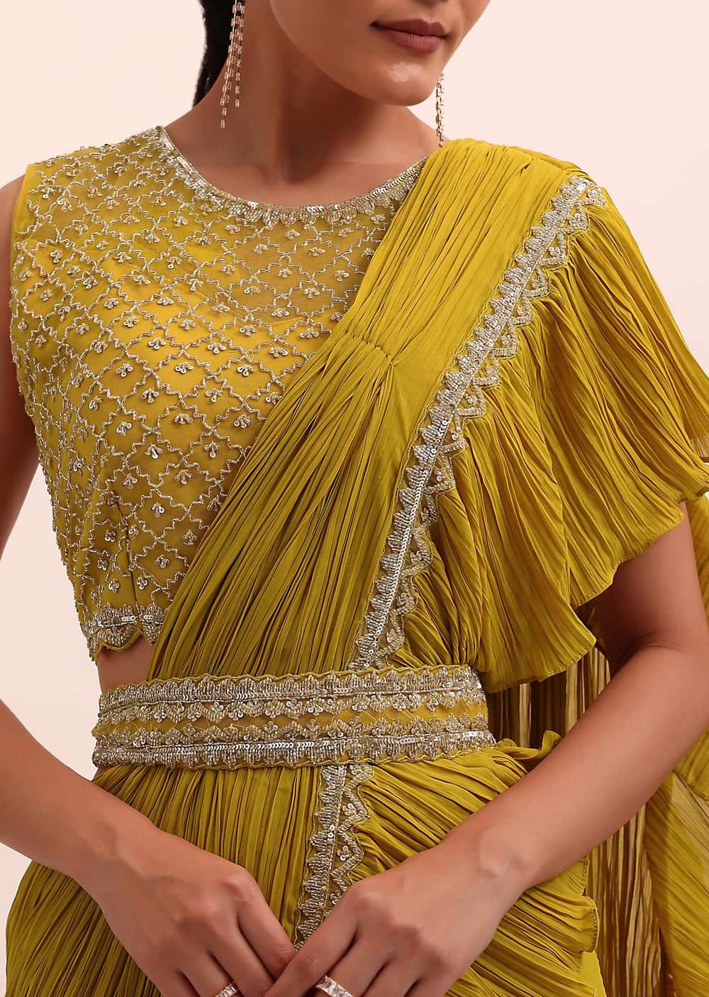 Mustard Yellow Georgette Frill Saree With Embellished Blouse