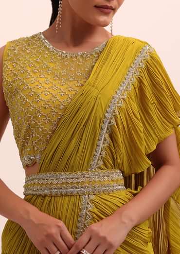 Mustard Yellow Georgette Frill Saree With Embellished Blouse