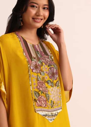Mustard Yellow Georgette Skirt And Cape In Resham Work