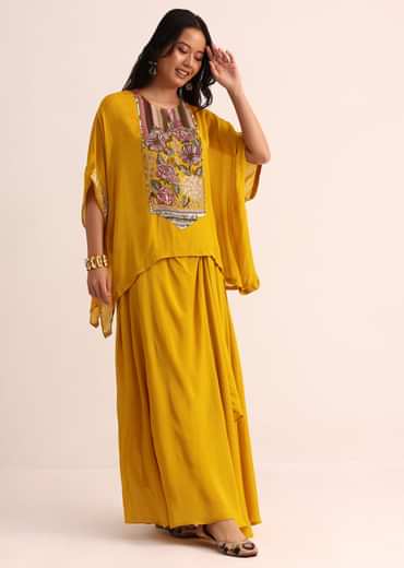 Mustard Yellow Georgette Skirt And Cape In Resham Work