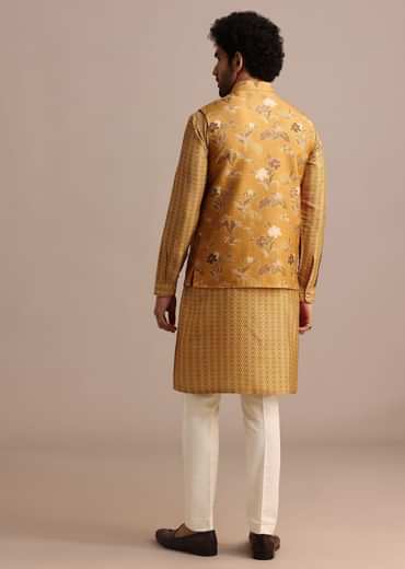 Mustard Yellow Kurta Jacket Set With Floral Cutdana Embroidery