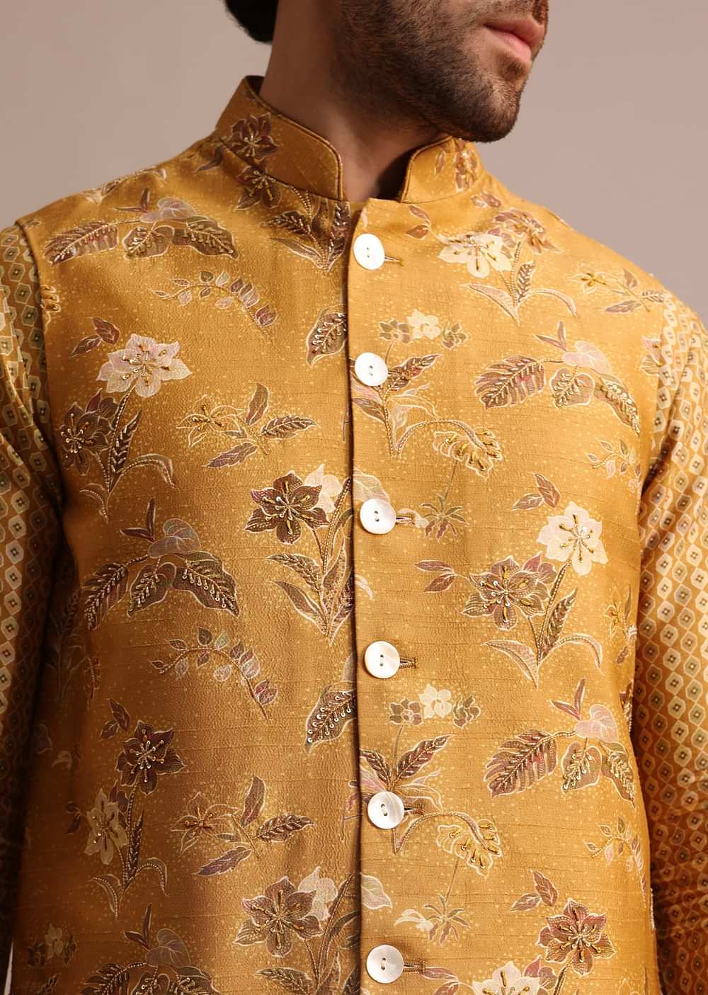 Mustard Yellow Kurta Jacket Set With Floral Cutdana Embroidery