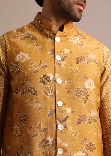 Mustard Yellow Kurta Jacket Set With Floral Cutdana Embroidery