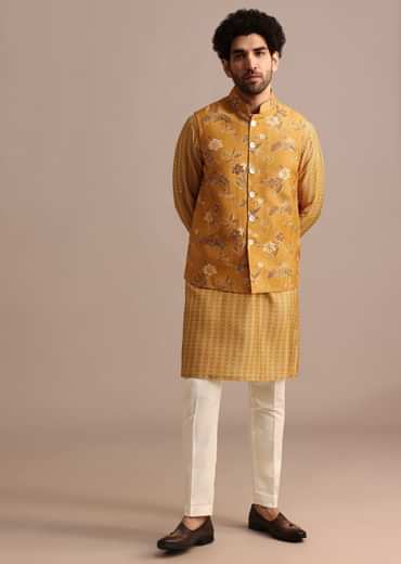 Mustard Yellow Kurta Jacket Set With Floral Cutdana Embroidery