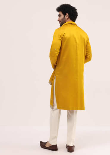 Mustard Yellow Kurta Set In Resham Work With Dupatta For Men