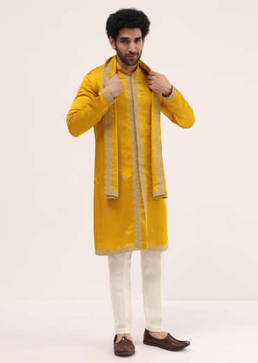 Mustard Yellow Kurta Set In Resham Work With Dupatta For Men