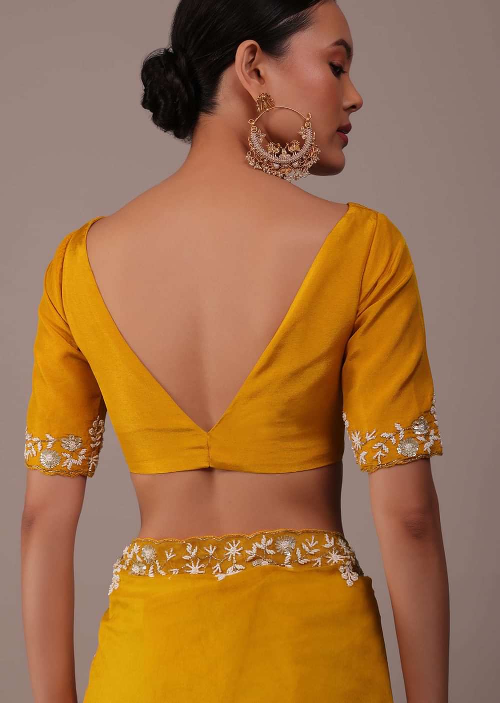 Mustard Yellow Organza Saree With Moti And Cut Dana Embroidery