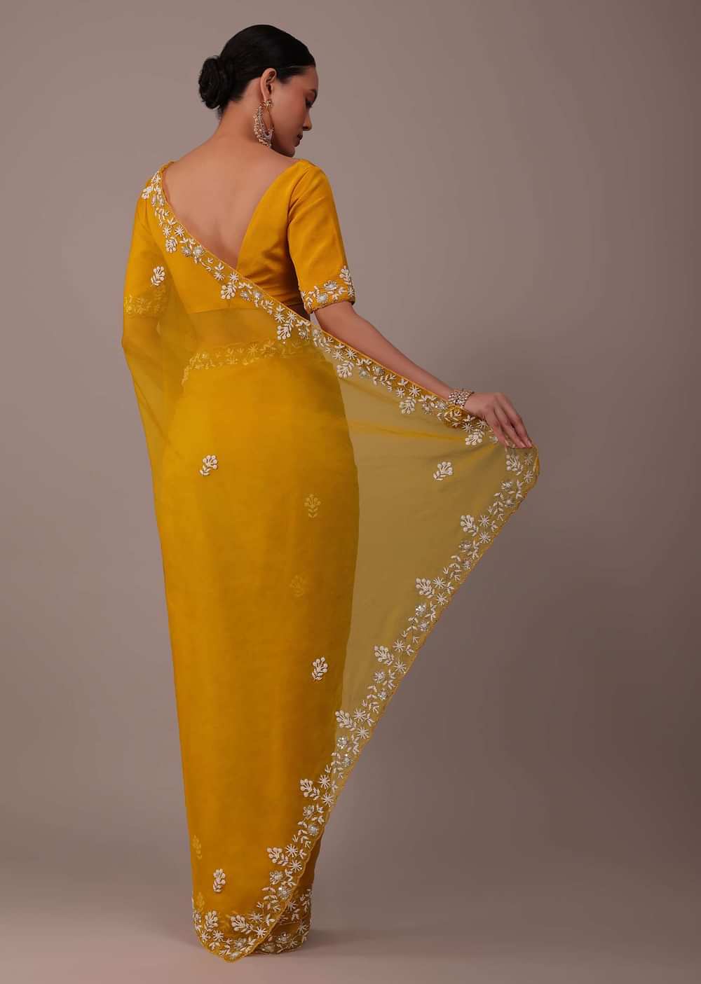 Mustard Yellow Organza Saree With Moti And Cut Dana Embroidery