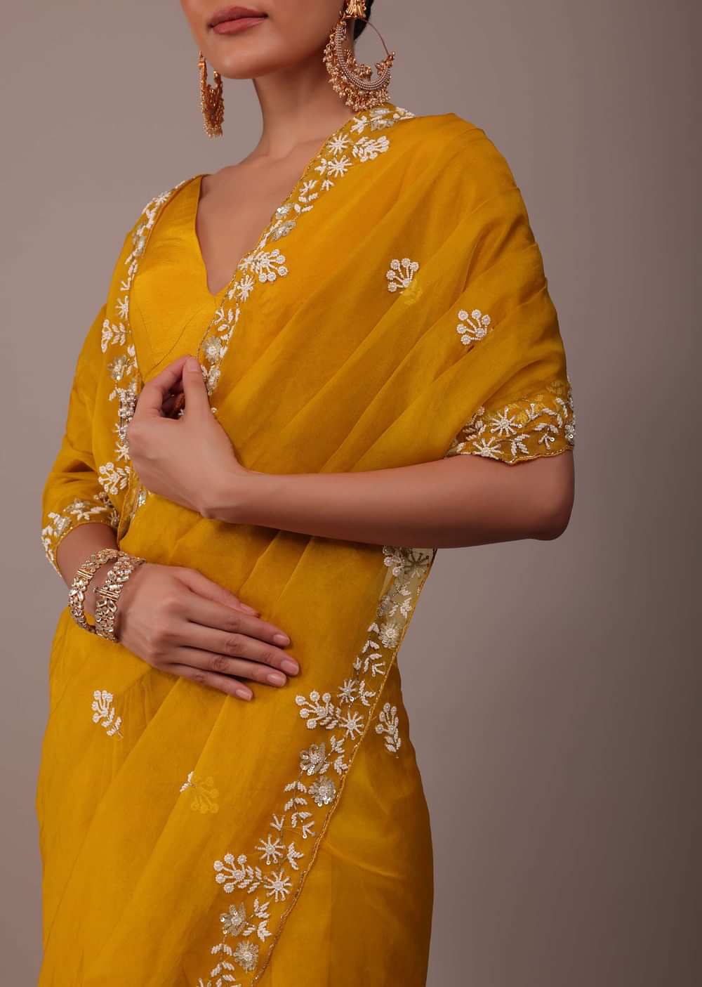 Mustard Yellow Organza Saree With Moti And Cut Dana Embroidery