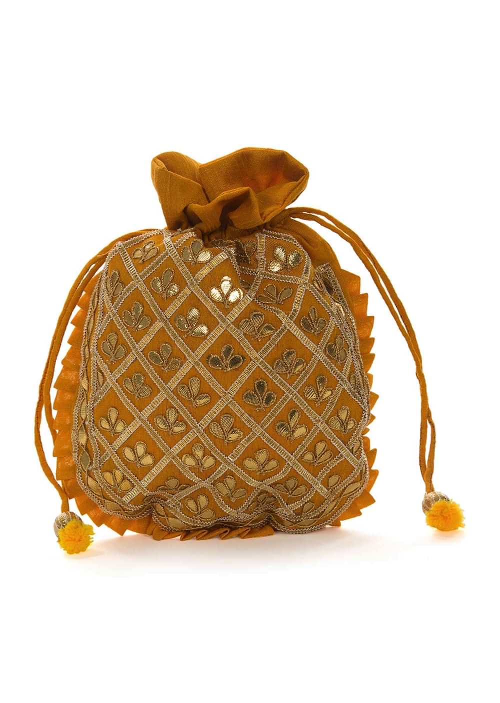 Mustard yellow potli bag beautified in gotta patti embroidered work only on Kalki