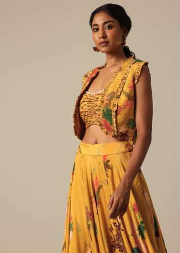 Mustard Yellow Printed Jacket And Lehenga Set