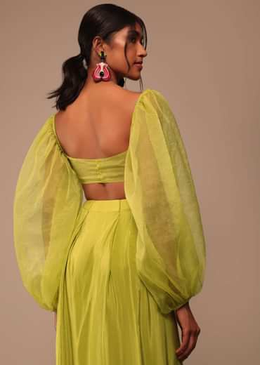 Mustard Yellow Saree With Bishop Sleeve Blouse And Hand Worked Belt