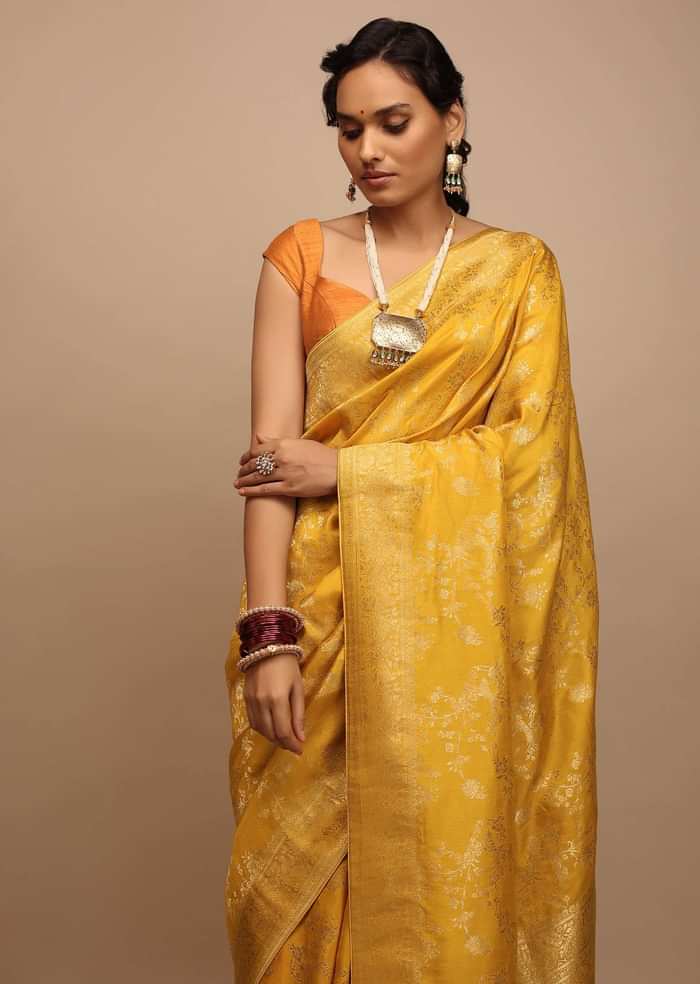 Mustard Yellow Saree In Dola Silk With Woven Floral Jaal And Moroccan Weave On Pallu