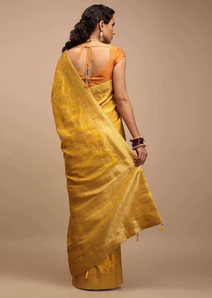 Mustard Yellow Saree In Dola Silk With Woven Floral Jaal And Moroccan Weave On Pallu
