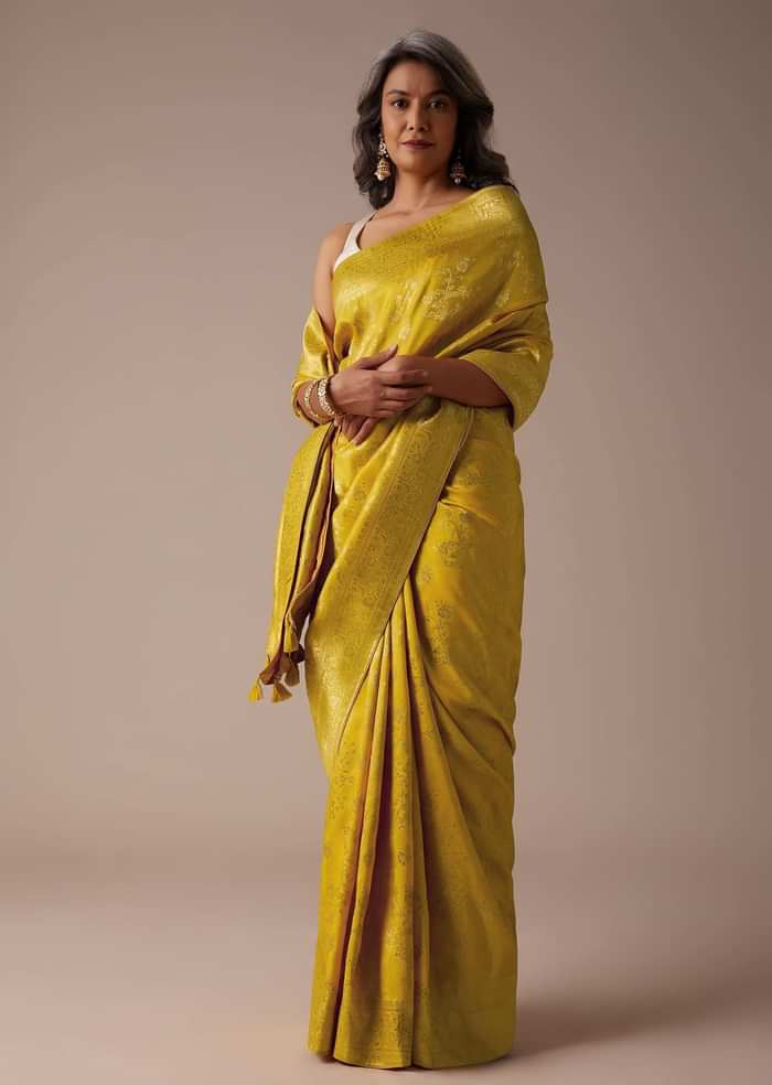 Mustard Yellow Saree In Dola Silk With Woven Floral Jaal And Moroccan Weave On Pallu