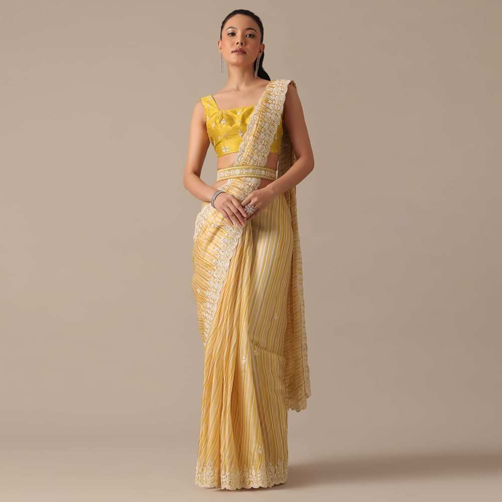 Mustard Yellow Saree With Belt And Unstitched Blouse Piece