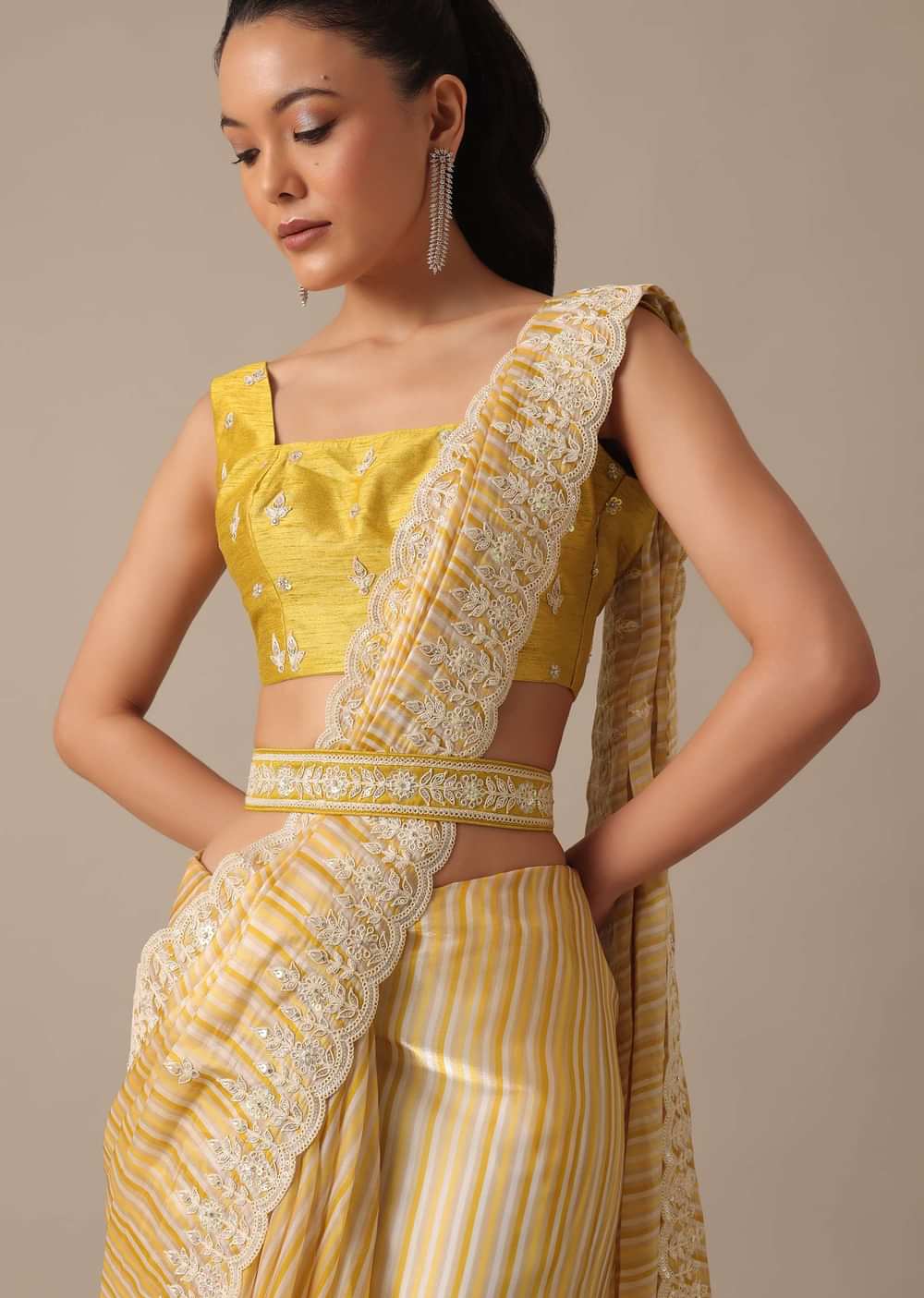 Mustard Yellow Saree With Belt And Unstitched Blouse Piece