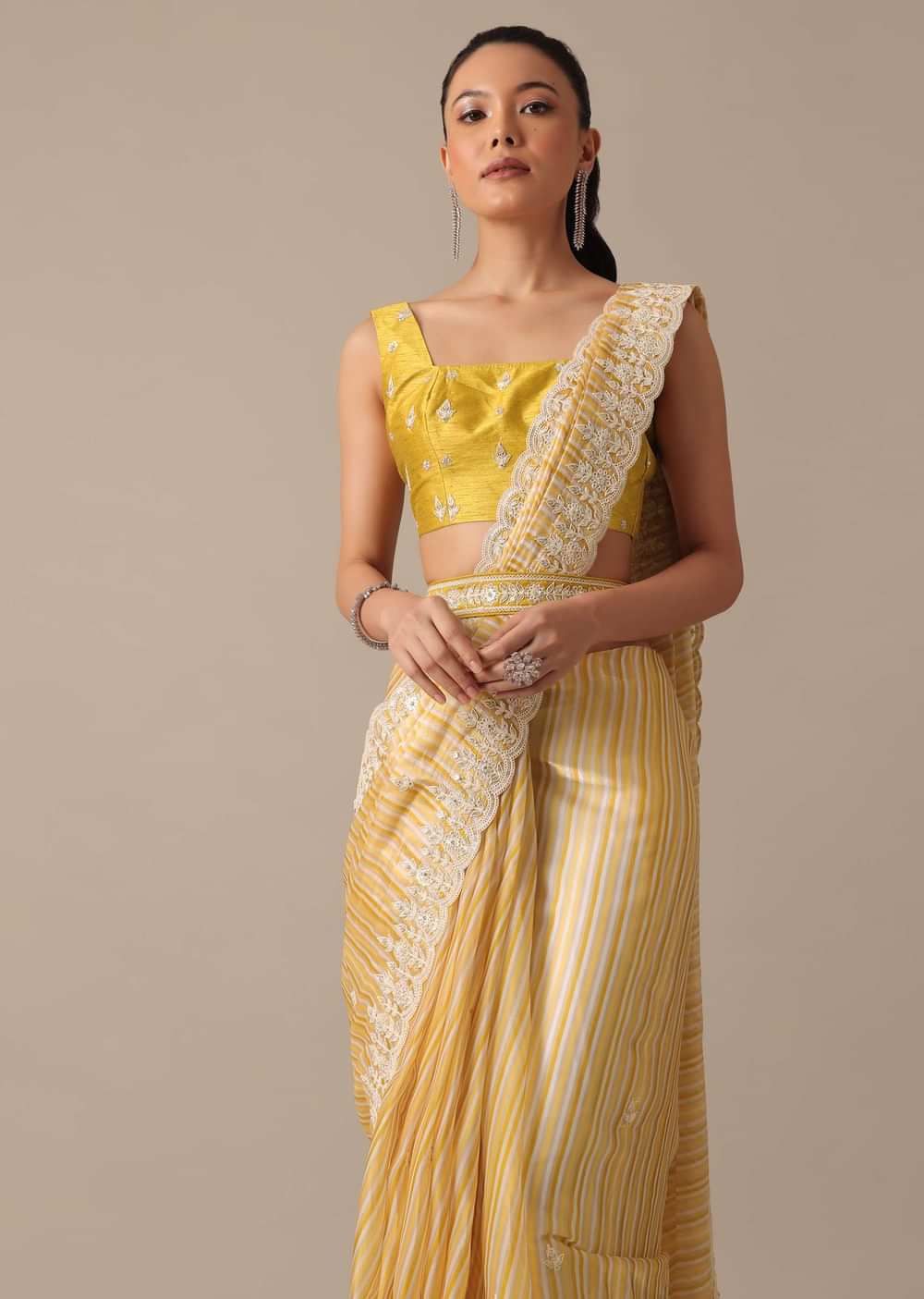 Mustard Yellow Saree With Belt And Unstitched Blouse Piece
