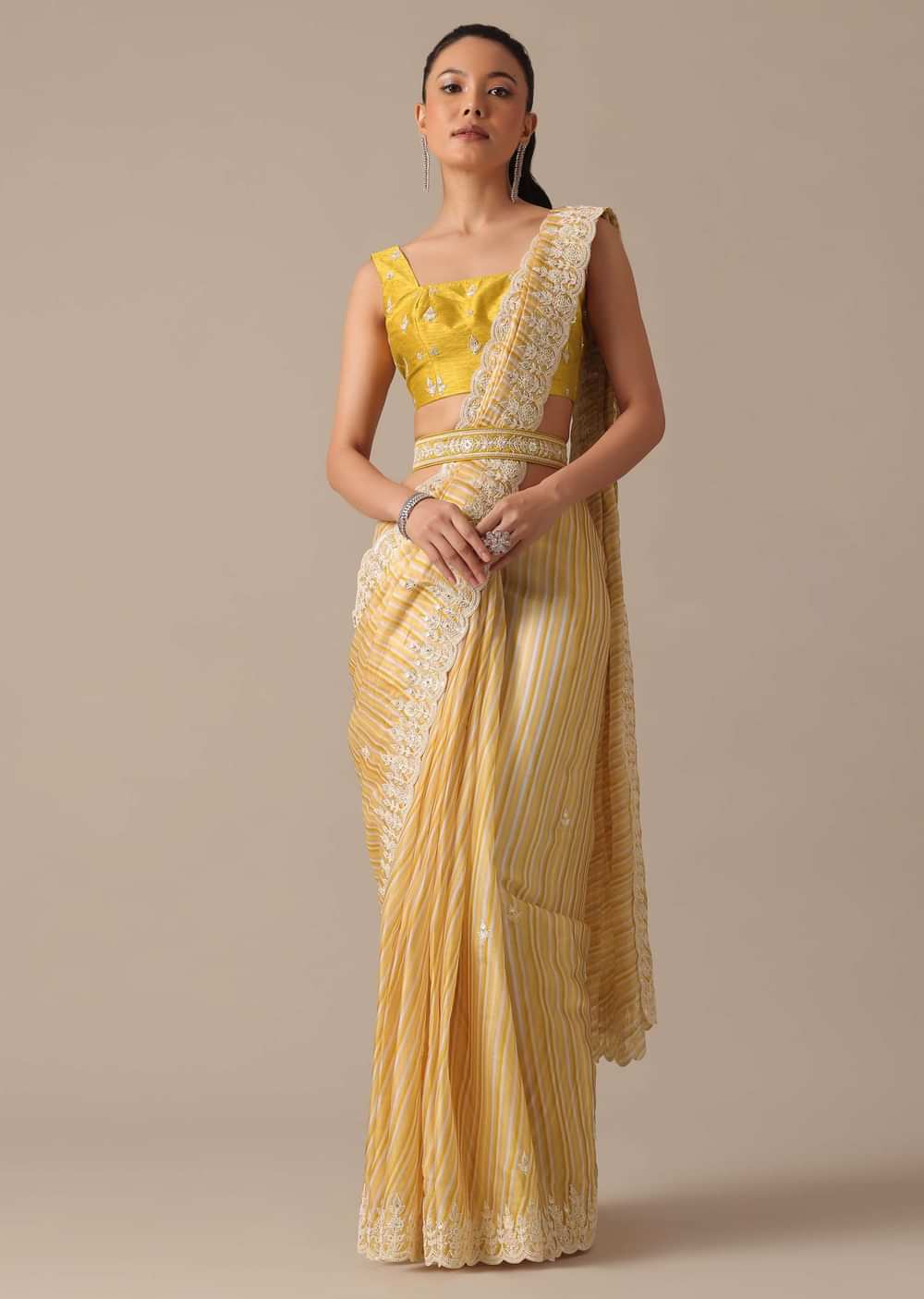 Mustard Yellow Saree With Belt And Unstitched Blouse Piece