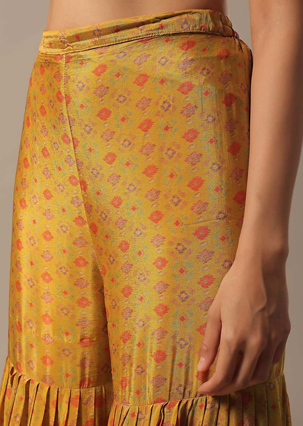 Mustard Yellow Sharara Set With Printed Peplum Top And Dupatta